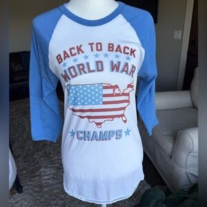 Back to Back World War Champions Unisex SMALL Patriotic Baseball Tee